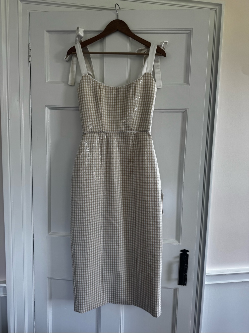 Markarian Beige and White Gingham Sequin-Embellished Dress NWT